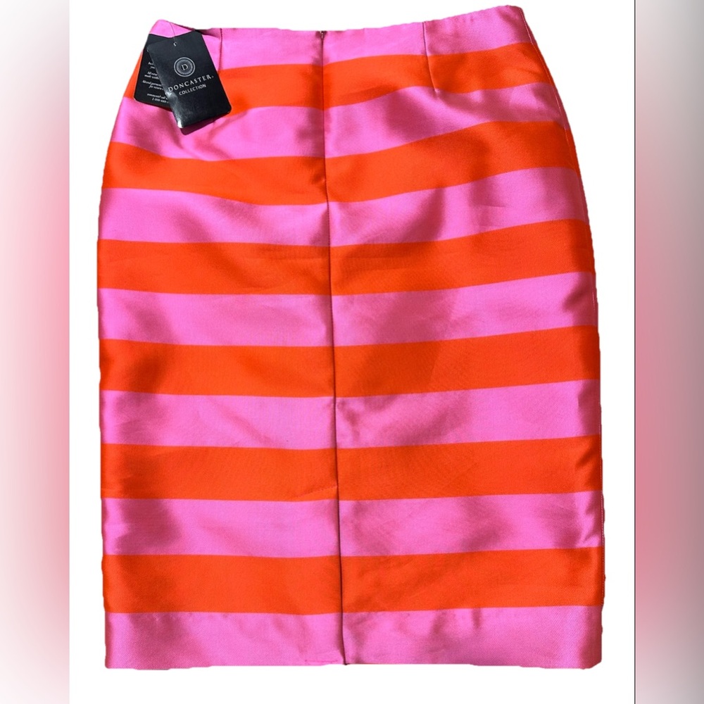 Doncaster NWT Pink Orange Striped Pencil Skirt 2 Silk Blend Midi Career Party - Picture 2 of 11